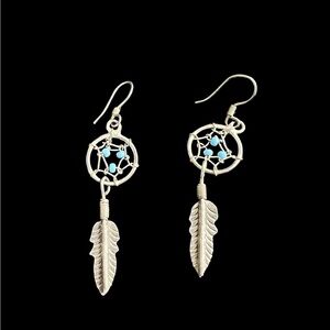 VTG 925 Sterling Silver Faux Turquoise Dream Catcher Feather Dangle Drop Earring